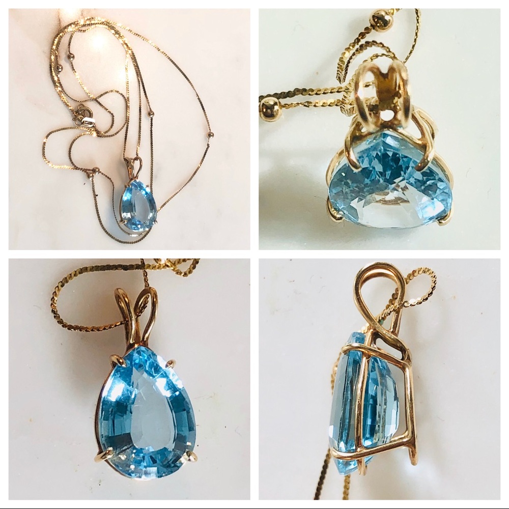 Vintage Pear Blue Topaz 14KGold Basket& 24”Chain